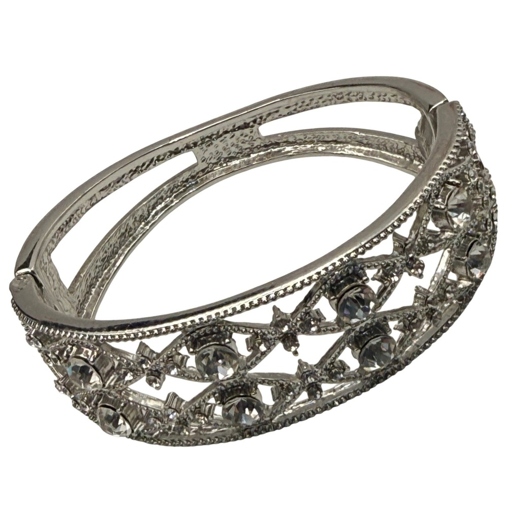 Vintage Silver Tone Rhinestone Filigree Hinged Bangle Bracelet Art Deco Style